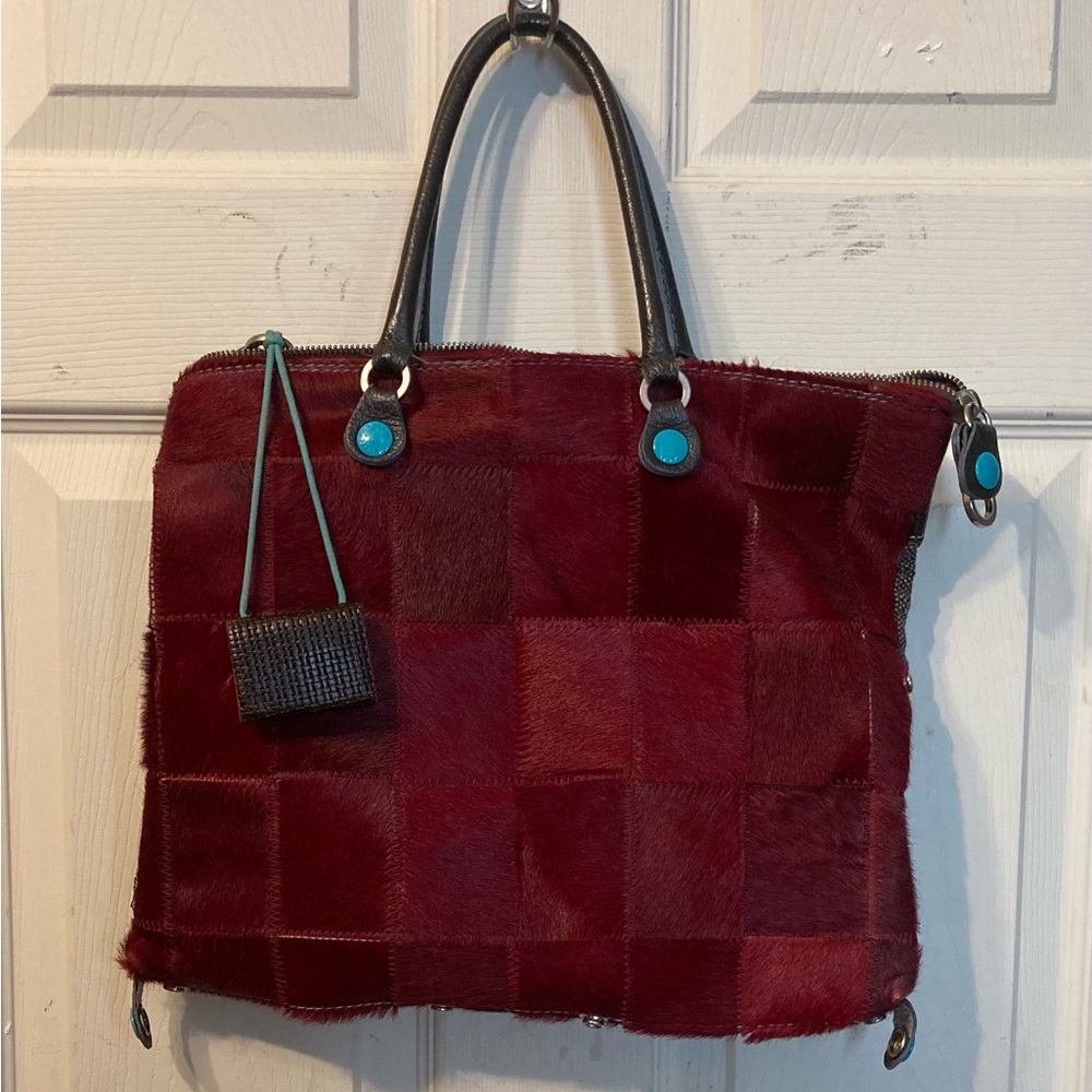 GABS- GENUINE LEATHER PATCHWORK HANDBAG/TOTE 1 SIDE WOOL TWEED BURGUNDY